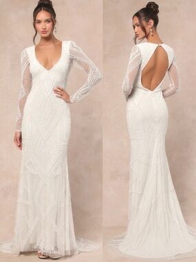 NWT Lulu’s Deedra White Sequin Beaded Backless Maxi/ Wedding Dress Medium Chic